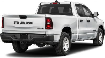 Rear view of a quad cab short 4x4 pickup truck with distinct taillights and tailgate.