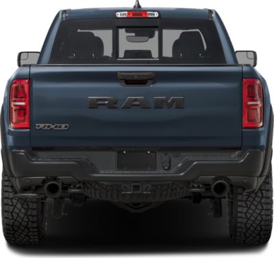 Rear view of pickup with RAM tailgate and dual exhausts