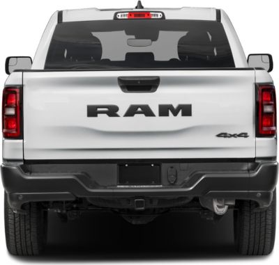 Rear view of 4x4 pickup truck with prominent tailgate and rear lights