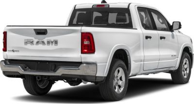 Rear and side view of a white pickup with quad cab and tailgate