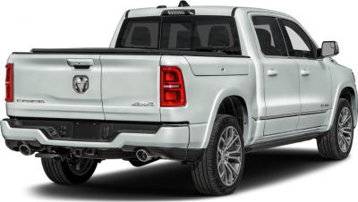 Rear view of a quad cab short pickup with dual exhaust and tailgate
