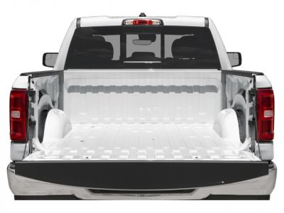 Empty pickup truck bed with open tailgate from rear