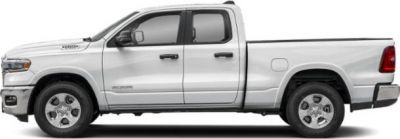 Quad cab pickup truck with short bed and four doors, side profile view
