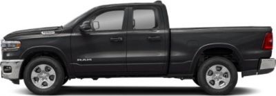 Side profile of a black quad cab short pickup with modern design.