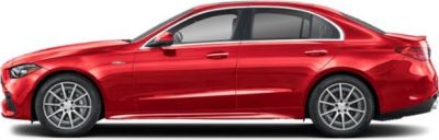 Side view of a red sedan with alloy wheels and streamlined design