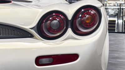 Close-up of unique circular tail light cluster with a white rear body surface