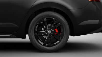 Black alloy wheel with red brake caliper