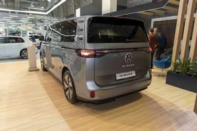 Rear view of van with LED tail lights and large tinted windows