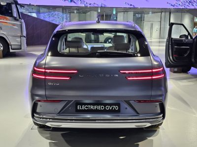 Rear view of a matte finish SUV with dual LED taillights and open door