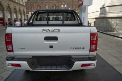 Rear view of a pickup truck with tailgate, 4WD badge, and red rear lights.