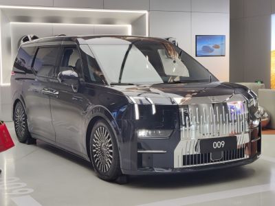 Luxury electric MPV with large chrome front grille and sleek LED headlights