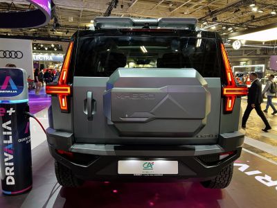 Rear view with LED tail lights and unique spare wheel cover