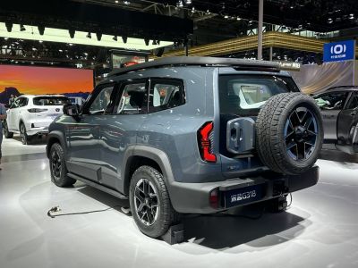 SUV rear view with mounted spare tire and rear gear box attachment