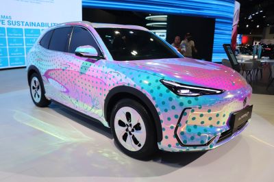 Electric SUV with colorful polka dot exterior and sleek LED headlights