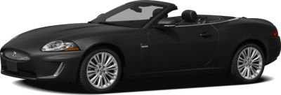 Sleek front side view of a black convertible with open roof.