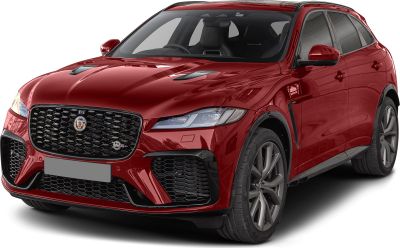 Front-angle view of red SUV with sporty grille and LED headlights
