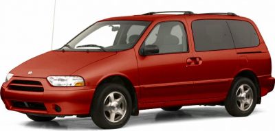 Red mid-90s minivan with sliding door and alloy wheels from front side perspective
