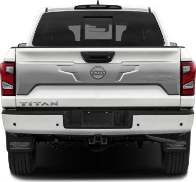 Rear view of pickup tailgate with Platinum Reserve emblem and rear window.