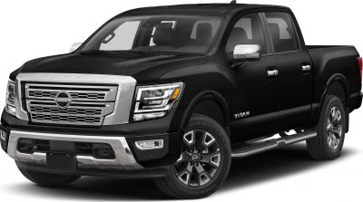 Front grille and side view of a black full-size crew cab pickup truck.