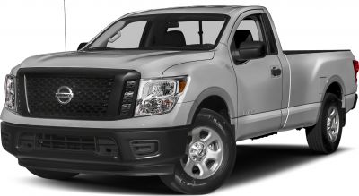 Front and side view of single cab pickup with black grille and silver body