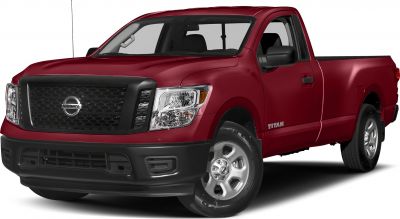 Front and side profile of a red single cab pickup truck