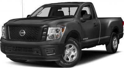 Front angled view of single cab pickup with distinctive grille and headlights