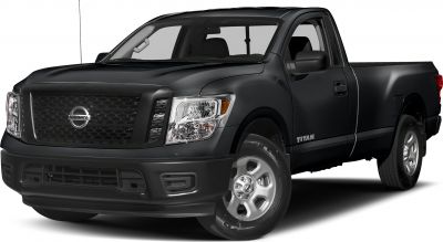 Front and side view of black single cab pickup with bold grille and alloy wheels