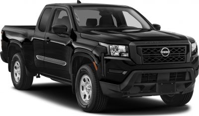 Front and side view of black extended cab pickup with bold grille