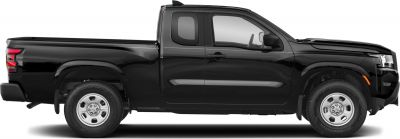 Side view of black extended cab pickup truck with mid-size bed