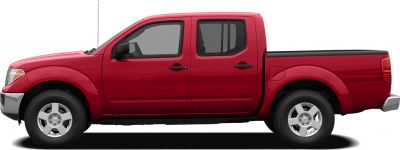 Red crew cab long bed pickup truck in side profile