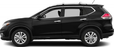 Side profile of a black SUV with roof rails and alloy wheels