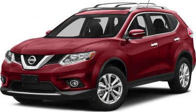 Red SUV front side view with chrome grille and alloy wheels