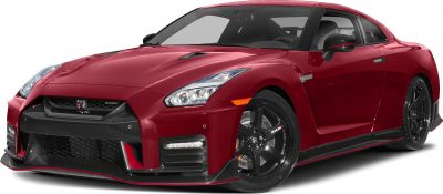Front and side view of red sports car with carbon fiber and black wheels