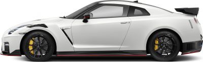 White sports coupe side view with carbon fiber aero kit and black wheels