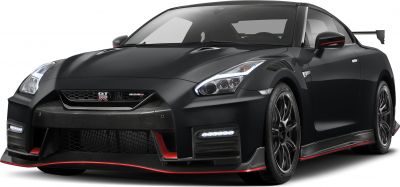 Matte black sports coupe front with carbon fiber accents and LED lights
