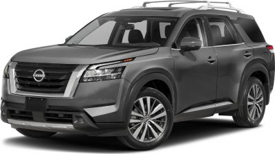 Front-side view with LED headlights, bold grille, alloy wheels.