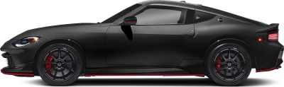 Side profile of sports coupe with black alloy wheels and red brake calipers