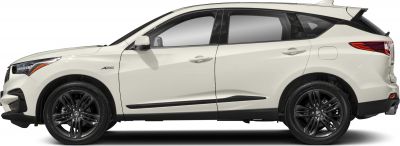 Side profile of a white SUV with black wheels and sporty trim details