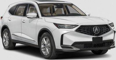 Modern front grille and LED headlights on premium white SUV
