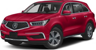Front view of red SUV with LED headlights and chromed grille