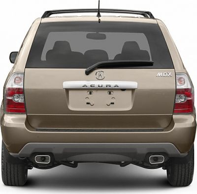 Rear view of SUV with dual exhaust and roof rails