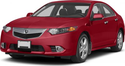 Front angled view of a red sedan with modern headlights and grille.