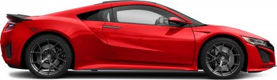 Red sports coupe with aerodynamic body and multi-spoke alloy wheels