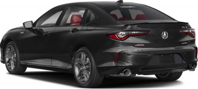 Rear side view of a sporty black sedan with dual exhausts and LED taillights