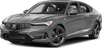 Angular headlights and distinctive grille on sleek gray sedan