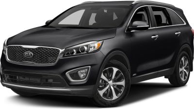 Front and side view of black SUV with detailed grille and headlights