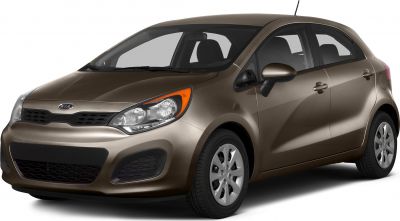 Front side view of a compact brown hatchback with detailed headlights and wheels
