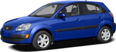 Compact blue five-door hatchback with black side molding and simple wheel covers