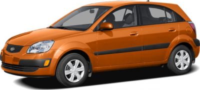 Side profile of orange hatchback showing doors, windows, and wheels.