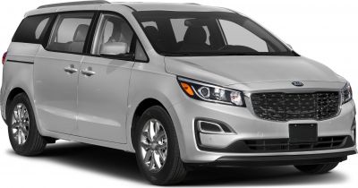 Front and side view of silver minivan with distinctive grille and headlights